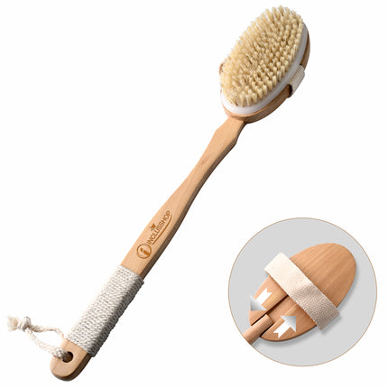 Detachable Wooden Bath Brush with Long Handle - Natural Bristles for 2-in-1 Wet & Dry Brushing