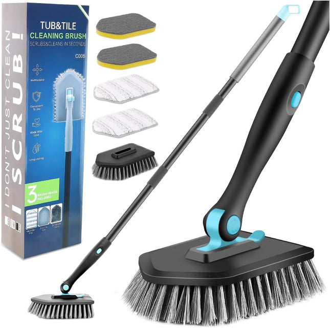 INCLUSSHOP Bathroom Floor Cleaning Brush with Long Handle, 3 in 1 Tub and Tile Scrubber Brush