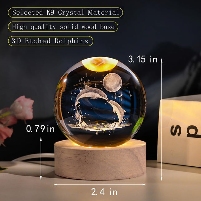 3D Galaxy Crystal Ball Night Lamp (Dolphin with Moon)