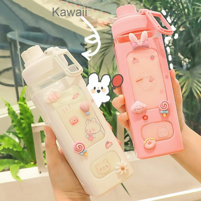 Kawaii Water Bottle with Straw Cute Large Water Bottles with Kawaii Stickers Aesthetic Leakproof Square Drinking Bottle.700ML