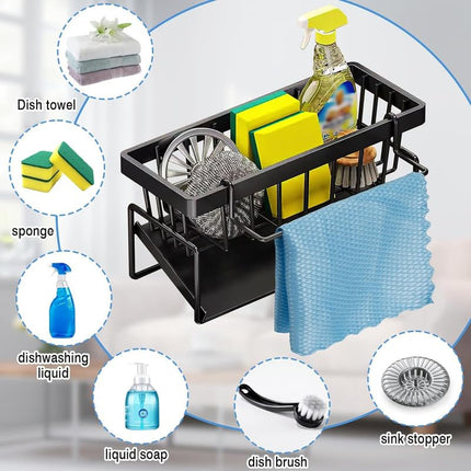 2 IN 1 METAL SINK CADDY | Sponge Soap Dispenser & Dish Brush Holder with Removable Drip Tray