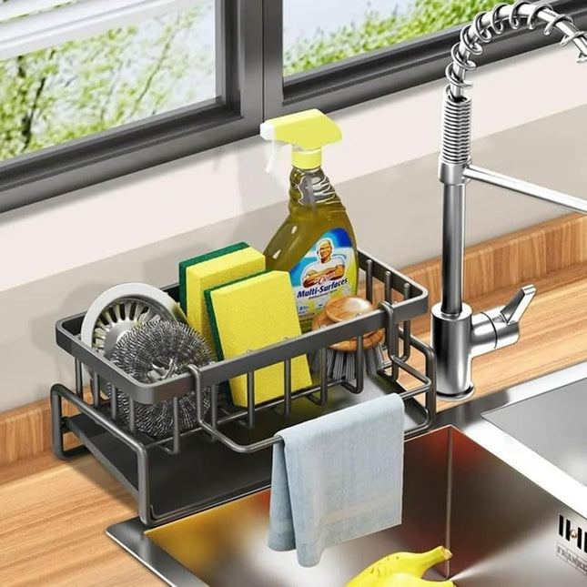 2 IN 1 METAL SINK CADDY | Sponge Soap Dispenser & Dish Brush Holder with Removable Drip Tray