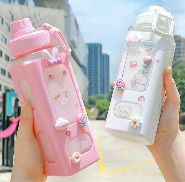 Kawaii Water Bottle with Straw Cute Large Water Bottles with Kawaii Stickers Aesthetic Leakproof Square Drinking Bottle.700ML