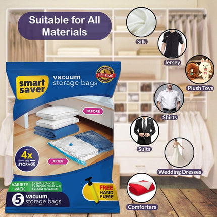 5 Pack Vacuum Bags for Travel with Hand Pump (1 Large/2 Medium/2 Small)