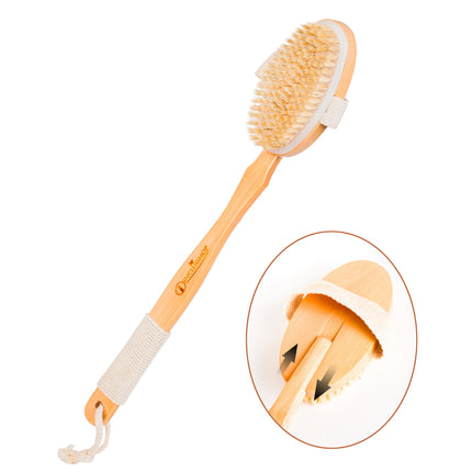 Detachable Wooden Bath Brush with Long Handle - Natural Bristles for 2-in-1 Wet & Dry Brushing