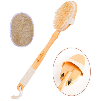 Detachable Wooden Bath Brush with Long Handle - Natural Bristles for 2-in-1 Wet & Dry Brushing