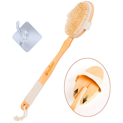 Detachable Wooden Bath Brush with Long Handle - Natural Bristles for 2-in-1 Wet & Dry Brushing