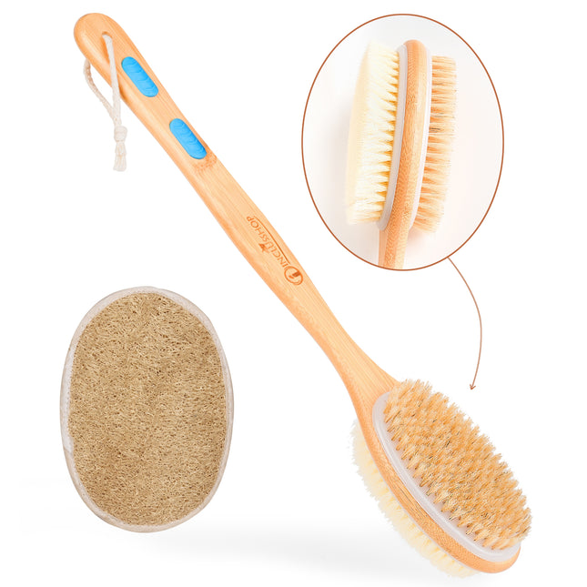 Shower Brush with Loofah Pad, Bath Brush Wood Long Handle, Double-sided Brush for Wet/Dry