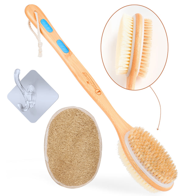 Shower Brush with Wall Hooks and Loofah Pad, Body Brush Back Scrubber Bath Brush Wood Long Handle Natural Bristles exfoliating Massage Brush Head for Wet/Dry