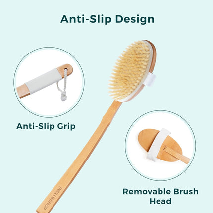 Detachable Wooden Bath Brush with Long Handle - Natural Bristles for 2-in-1 Wet & Dry Brushing