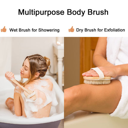 Detachable Wooden Bath Brush with Long Handle - Natural Bristles for 2-in-1 Wet & Dry Brushing