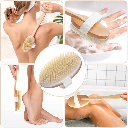 Detachable Wooden Bath Brush with Long Handle - Natural Bristles for 2-in-1 Wet & Dry Brushing