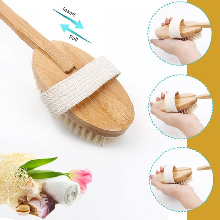 Detachable Wooden Bath Brush with Long Handle - Natural Bristles for 2-in-1 Wet & Dry Brushing