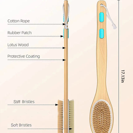 Shower Brush with Loofah Pad, Bath Brush Wood Long Handle, Double-sided Brush for Wet/Dry