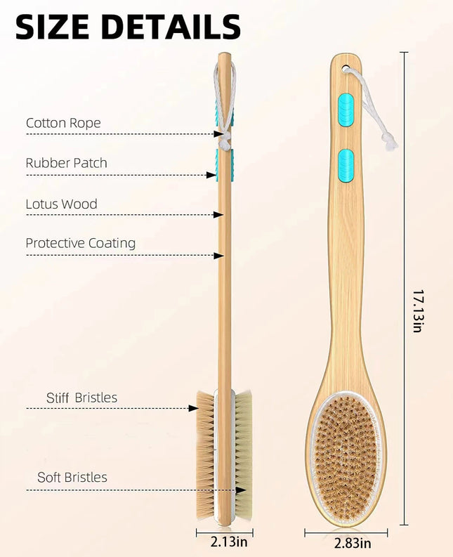 Shower Brush with Wall Hooks and Loofah Pad, Body Brush Back Scrubber Bath Brush Wood Long Handle Natural Bristles exfoliating Massage Brush Head for Wet/Dry