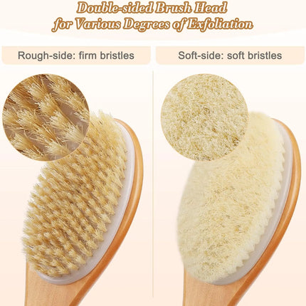 Shower Brush with Loofah Pad, Bath Brush Wood Long Handle, Double-sided Brush for Wet/Dry