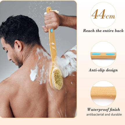 Shower Brush with Wall Hooks and Loofah Pad, Body Brush Back Scrubber Bath Brush Wood Long Handle Natural Bristles exfoliating Massage Brush Head for Wet/Dry